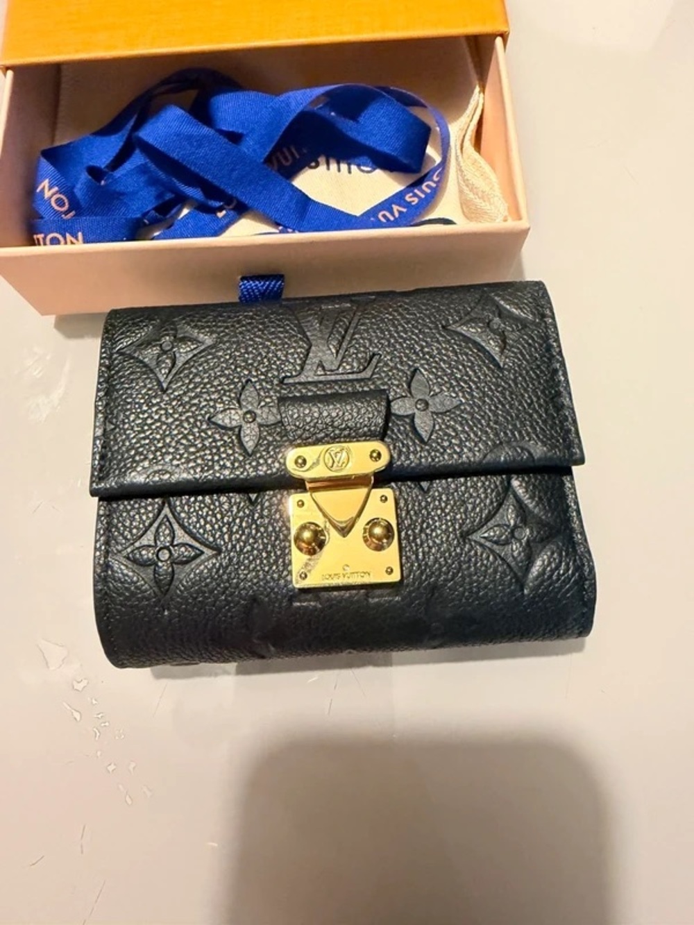Louis Vuitton Black Embossed Monogram Leather Wallet with Gold Hardware